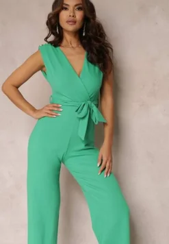 Zielony Długi Kombinezon Wiązany w Pasie z Guzikami Na Ramionach Amile