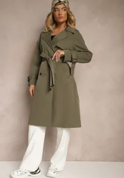 Zielony Dwurzędowy Płaszcz Trencz z Paskiem Ninnolia
