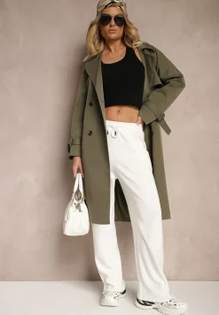 Zielony Dwurzędowy Płaszcz Trencz z Paskiem Ninnolia