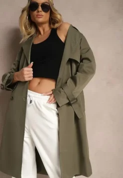 Zielony Dwurzędowy Płaszcz Trencz z Paskiem Ninnolia