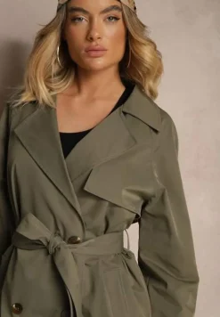 Zielony Dwurzędowy Płaszcz Trencz z Paskiem Ninnolia