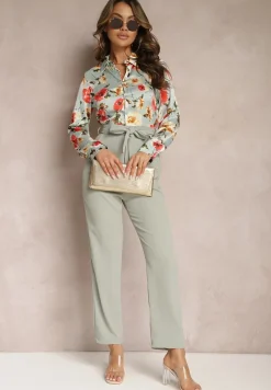 Zielony Elegancki Kombinezon z Koszulową Górą w Kwiaty Wiązany w Talii Klerovia