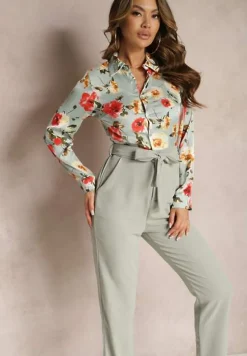Zielony Elegancki Kombinezon z Koszulową Górą w Kwiaty Wiązany w Talii Klerovia
