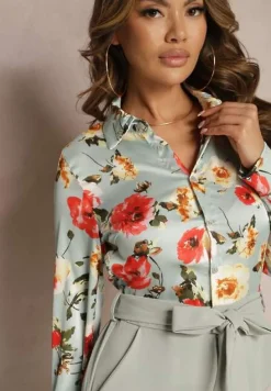 Zielony Elegancki Kombinezon z Koszulową Górą w Kwiaty Wiązany w Talii Klerovia