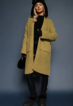 Zielony Kardigan Bez Zapięć Zdobiony Luźnym Splotem i Wsuwanymi Kieszeniami Calineth