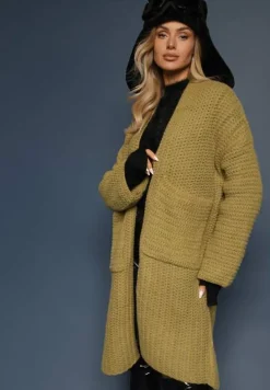 Zielony Kardigan Bez Zapięć Zdobiony Luźnym Splotem i Wsuwanymi Kieszeniami Calineth