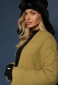 Zielony Kardigan Bez Zapięć Zdobiony Luźnym Splotem i Wsuwanymi Kieszeniami Calineth