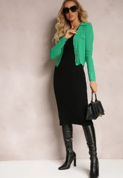 Zielony Kardigan na Guziki z Trójkątnym Dekoltem Emlina
