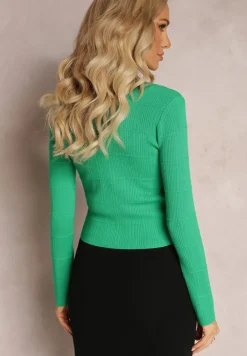 Zielony Kardigan na Guziki z Trójkątnym Dekoltem Emlina