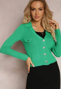 Zielony Kardigan na Guziki z Trójkątnym Dekoltem Emlina