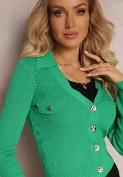 Zielony Kardigan na Guziki z Trójkątnym Dekoltem Emlina