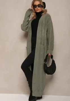 Zielony Kardigan o Wydłużonym Fasonie Niezapinany ze Splotem w Warkocz Ottimia