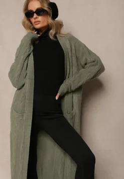 Zielony Kardigan o Wydłużonym Fasonie Niezapinany ze Splotem w Warkocz Ottimia