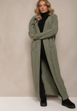 Zielony Kardigan o Wydłużonym Fasonie Niezapinany ze Splotem w Warkocz Ottimia