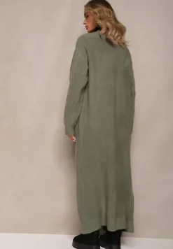 Zielony Kardigan o Wydłużonym Fasonie Niezapinany ze Splotem w Warkocz Ottimia