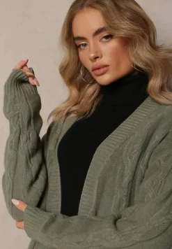 Zielony Kardigan o Wydłużonym Fasonie Niezapinany ze Splotem w Warkocz Ottimia