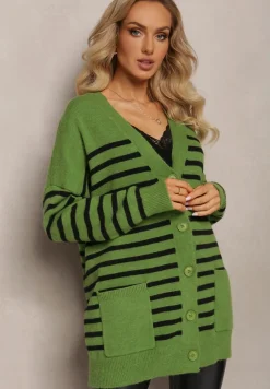 Zielony Kardigan w Paski o Wydłużonym Fasonie z Dekoltem V Zapinany na Guziki Ravime