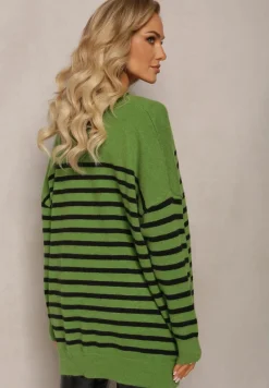 Zielony Kardigan w Paski o Wydłużonym Fasonie z Dekoltem V Zapinany na Guziki Ravime