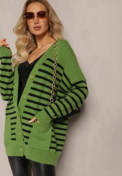 Zielony Kardigan w Paski o Wydłużonym Fasonie z Dekoltem V Zapinany na Guziki Ravime