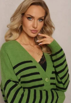 Zielony Kardigan w Paski o Wydłużonym Fasonie z Dekoltem V Zapinany na Guziki Ravime