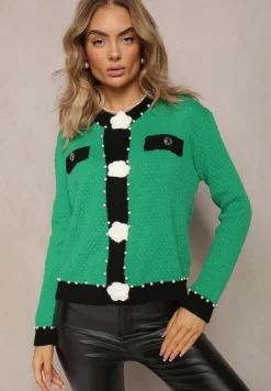 Zielony Kardigan z Wiskozy o Klasycznym Fasonie z Perłami i Kwiatami Kallu