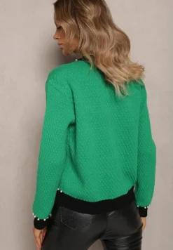 Zielony Kardigan z Wiskozy o Klasycznym Fasonie z Perłami i Kwiatami Kallu