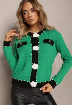 Zielony Kardigan z Wiskozy o Klasycznym Fasonie z Perłami i Kwiatami Kallu