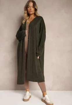 Zielony Kardigan z Wiskozą o Długim Kroju Zapinany na Guziki z Metaliczną NIcią Arkaria
