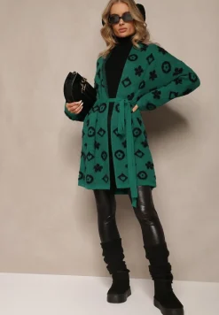 Zielony Kardigan z Wiązanym Paskiem Ozdobiony Wzorem w Kwiaty Timonen