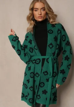 Zielony Kardigan z Wiązanym Paskiem Ozdobiony Wzorem w Kwiaty Timonen