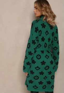 Zielony Kardigan z Wiązanym Paskiem Ozdobiony Wzorem w Kwiaty Timonen