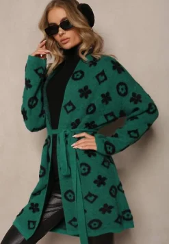Zielony Kardigan z Wiązanym Paskiem Ozdobiony Wzorem w Kwiaty Timonen