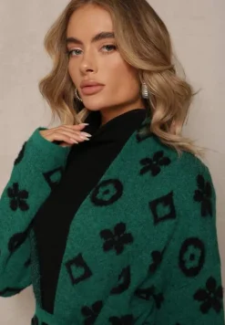 Zielony Kardigan z Wiązanym Paskiem Ozdobiony Wzorem w Kwiaty Timonen