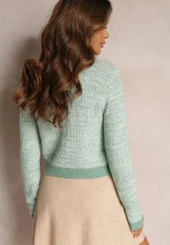 Zielony Kardigan Zapinany na Ozdobne Guziki z Metaliczną Nitką Flizome