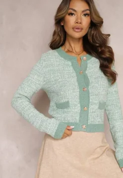 Zielony Kardigan Zapinany na Ozdobne Guziki z Metaliczną Nitką Flizome