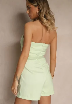 Zielony Kombinezon Bandeau z Paskiem z Klamrą Zdobiony Zakładkami Silianea