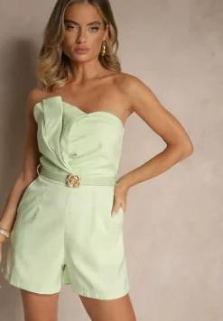 Zielony Kombinezon Bandeau z Paskiem z Klamrą Zdobiony Zakładkami Silianea