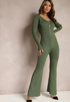 Zielony Kombinezon Bodycon z Prążkowanej Wiskozy ze Spodniami Typu Dzwony i Suwakiem Lavirna