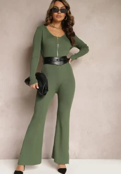 Zielony Kombinezon Bodycon z Prążkowanej Wiskozy ze Spodniami Typu Dzwony i Suwakiem Lavirna