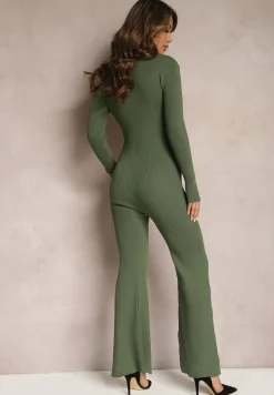 Zielony Kombinezon Bodycon z Prążkowanej Wiskozy ze Spodniami Typu Dzwony i Suwakiem Lavirna