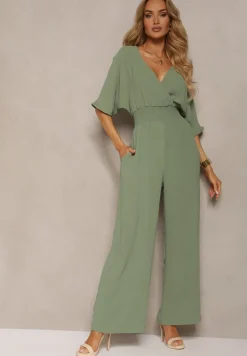 Zielony Kombinezon o Kopertowym Fasonie z Szerokim Luźnym Dołem i Kieszeniami Octoni