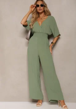 Zielony Kombinezon o Kopertowym Fasonie z Szerokim Luźnym Dołem i Kieszeniami Octoni