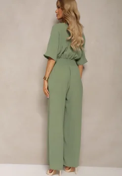 Zielony Kombinezon o Kopertowym Fasonie z Szerokim Luźnym Dołem i Kieszeniami Octoni