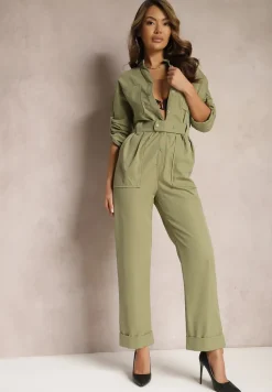 Zielony Kombinezon Utility z Szerokimi Nogawkami i Paskiem Pireval