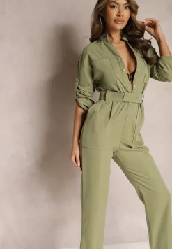 Zielony Kombinezon Utility z Szerokimi Nogawkami i Paskiem Pireval