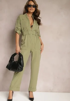 Zielony Kombinezon Utility z Szerokimi Nogawkami i Paskiem Pireval
