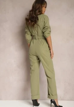 Zielony Kombinezon Utility z Szerokimi Nogawkami i Paskiem Pireval