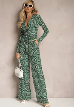 Zielony Kombinezon w Geometryczne Wzory z Szerokimi Nogawkami i Paskiem w Talii Soliti