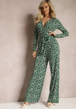 Zielony Kombinezon w Geometryczne Wzory z Szerokimi Nogawkami i Paskiem w Talii Soliti