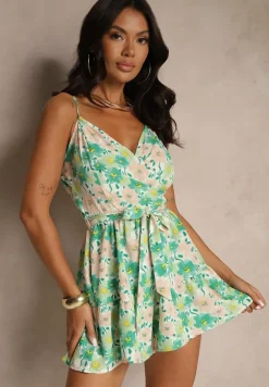 Zielony Kombinezon w Kwiatowy Print z Wiązanym Paskiem na Ramiączkach Linessa